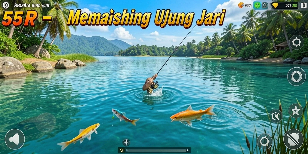 Tampilan gameplay 55RP yang menggambarkan pengalaman memancing yang seru.
