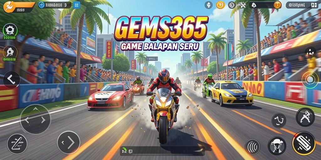 Tampilan gameplay GEMS365 dengan efek balapan yang memukau.