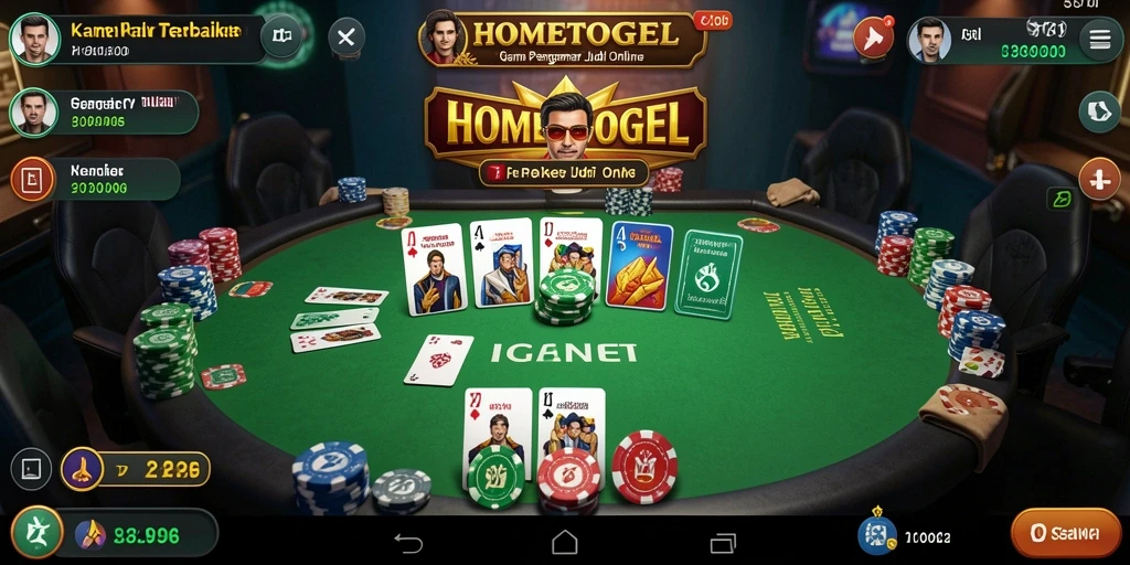 Screenshot HOMETOGEL menampilkan aksi seru permainan poker yang penuh strategi.