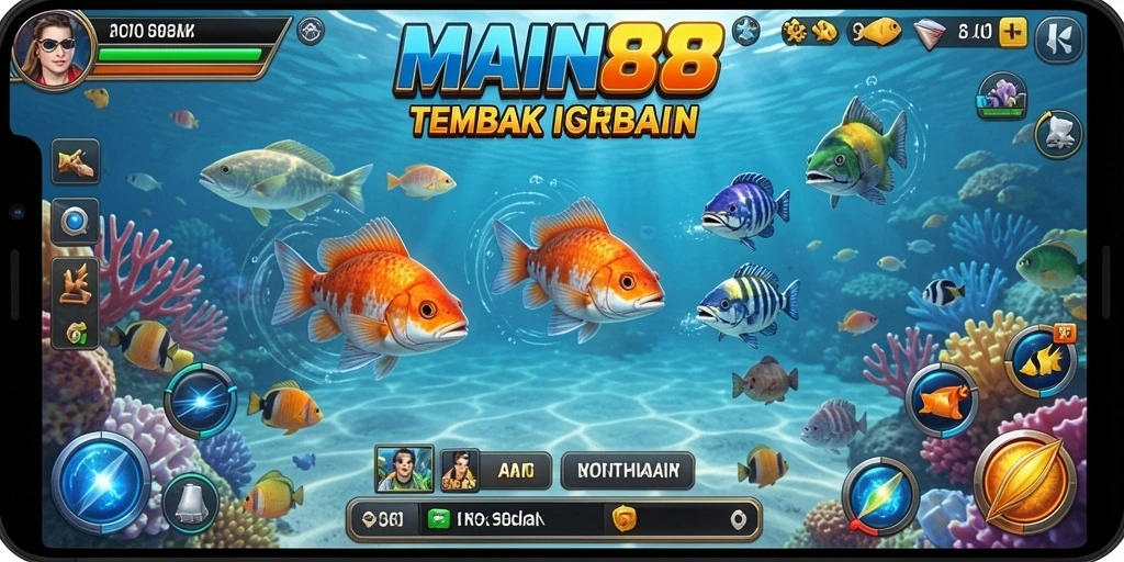 Tampilan gameplay <strong>MAIN88</strong> dengan berbagai ikan yang berwarna-warni.