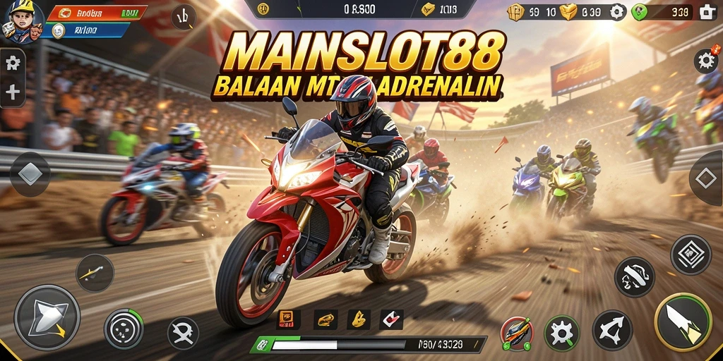 Tangkapan layar utama MAINSLOT88 memperlihatkan gameplay balapan motor yang seru.