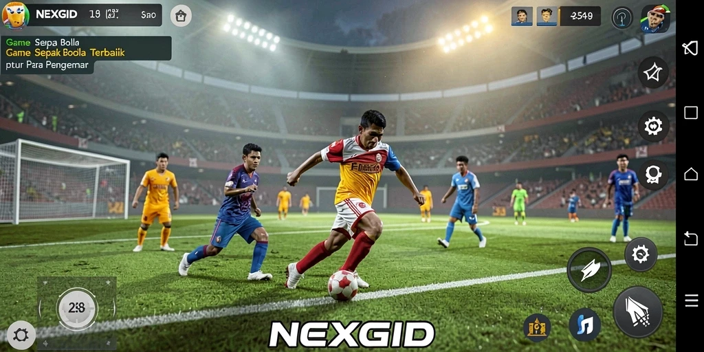 Screenshot utama NEXGID menampilkan pertandingan sepak bola yang seru dan penuh aksi.