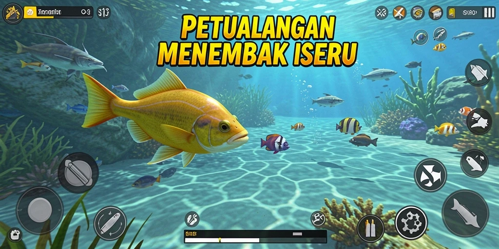 Screenshot S13 menampilkan aksi seru menembak ikan di bawah laut.