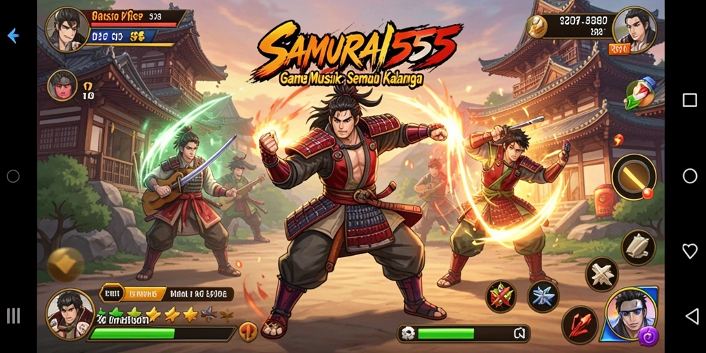 Tangkapan layar gameplay SAMURAI555 menunjukkan pemain yang terlibat dengan musik.