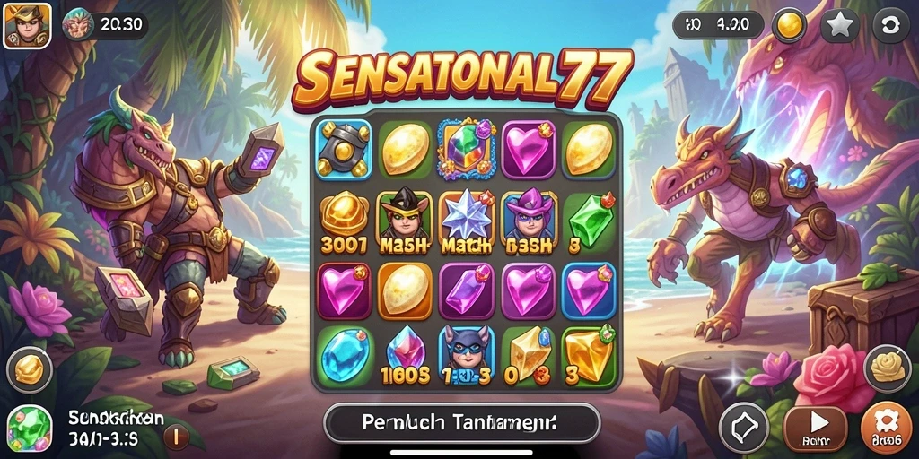 Tampilan gameplay seru SENSATIONAL77 dengan permata berwarna-warni.